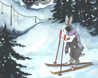 Original Painting - Ski Bunny - Watercolor Art, Hand Painted Original, Cute Black and White Bunny on Skis, Dutch Rabbit Art, Fun Snow Scene