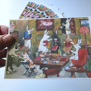 Book Club - Set of Six Art Postcards, Funny Bunny Rabbit Art, From Watercolor Painting, Bunnies Reading, Drinking Wine, Cute Reader Gift