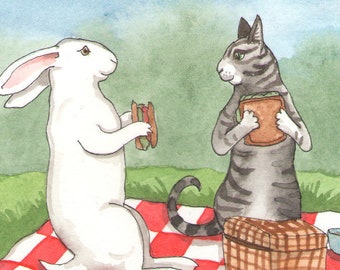 Picnic with Cat - Fine Art Print -White Rabbit and Gray Tabby Cat having a Picnic, From Original Painting, Cute Animal Art, Signed Print