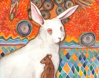Bunny Mosaic - Fine Art Print - Rabbit Art Print Signed by Artist, Cute, Colorful Animal Art, White Rabbit, Bird, Mouse Painting, Unique Art