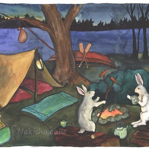 Camping by the River - Fine Art Print - Rabbit Art