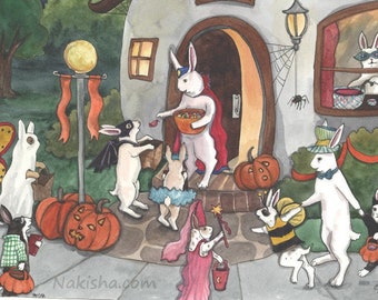 Bunnies' Halloween - Fine Art Print - Rabbit Art