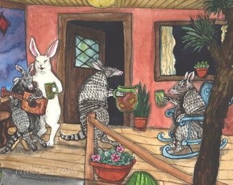 Tea with Armadillos - Fine Art Print - Rabbit Art Illustration