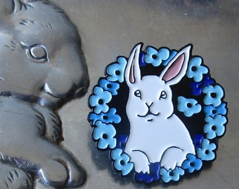 Bunny with Blue Flowers - Enamel Pin - Limited Edition Cute Bunny Pin or Badge