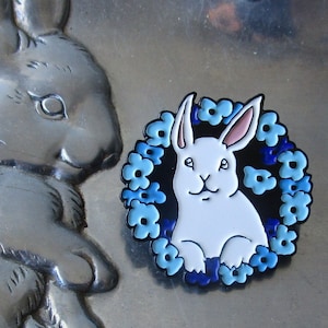 Bunny with Blue Flowers - Enamel Pin- Limited Edition Cute Bunny Pin, Badge, White Rabbit, Bunny Lover Pin, From Original Design by Artist