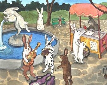 Busking in the Park -Fine Art Print from and Original Rabbit Art Watercolor Painting, Cute Bunny Illustration, Rabbits Playing Music, Guitar