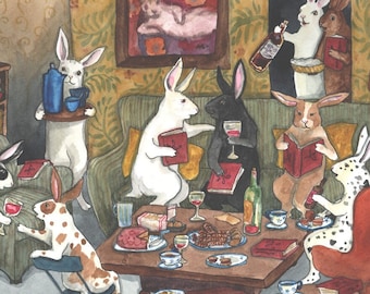 Book Club - Fine Art Print - Rabbit Art Illustration, Bunny Rabbits at a Book Reading Party, From Original Watercolor Painting, Signed Print