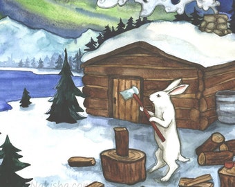 Original Painting - Chopping Wood - Hand Painted Watercolor Art of White Rabbit in The Snow Chopping Wood with Cabin, One of a Kind Original