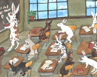 Bunny School - Fine Art Print - Rabbit Art Illustration, Cute Teacher Wall Art, Student Gift, Watercolor Painting Illustration by Nakisha