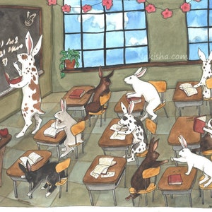 Bunny School - Fine Art Print - Rabbit Art Illustration, Cute Teacher Wall Art, Student Gift, Watercolor Painting Illustration by Nakisha