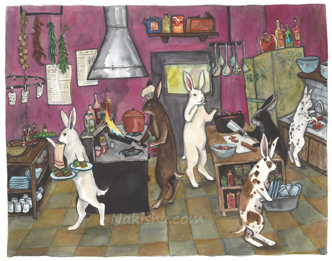 Restaurant Kitchen - Fine Art Print- Fun Rabbit Art Illustration, Bunny ...