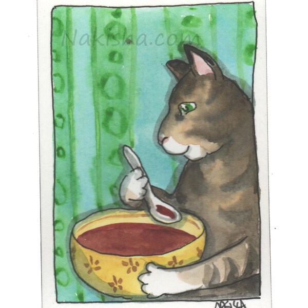 Cat with Tomato Soup - Original Watercolor Cat Painting - ACEO - Mini Painting, Cat Watercolor, Original Painting, Original Art, Cute Tabby