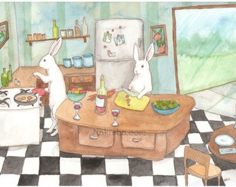 Making Our Dinner - Fine Art Print - Rabbits Cooking in the Kitchen Together, Cute Romantic Watercolor Art, Signed Fine Art Print, Hand Made