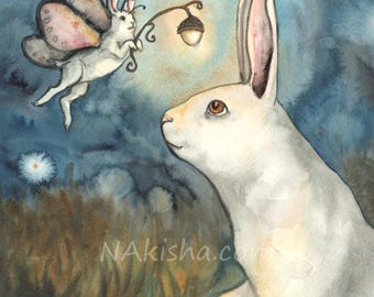 Night Bunny Fairy - Signed Fine Art Print from Original Watercolor Painting, Cute White Rabbit Looking at a Bunny Fairy Holding a Lantern