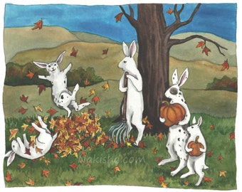 Fall Leaves - Fine Art Print - Rabbit Art Illustration