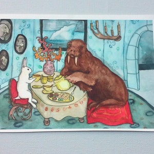 Tea with Walrus Fine Art Rabbit Print, White Rabbit and Walrus having Tea, Arctic Animal Art, Cute Original Watercolor Print, Fun, Unique image 4