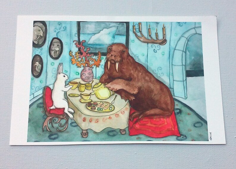 Tea with Walrus Fine Art Rabbit Print, White Rabbit and Walrus having Tea, Arctic Animal Art, Cute Original Watercolor Print, Fun, Unique image 4