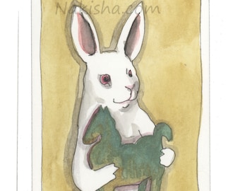 Horse Sculpture - Original Watercolor Rabbit Painting - ACEO - Cute Mini White Rabbit Painting, hand Painted Original Art, One of a Kind