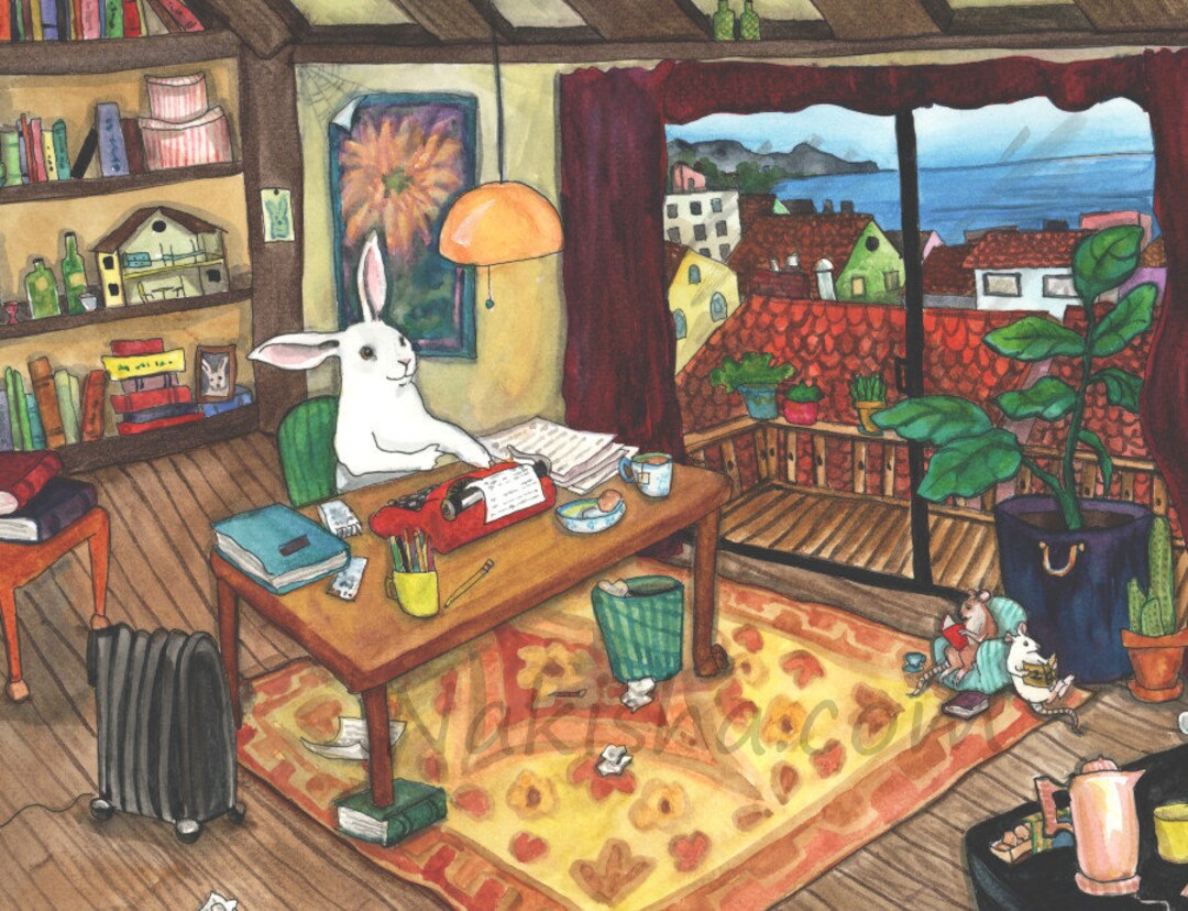 The Writer- Fine Art Print - Rabbit Art Illustration, Cute Author Gift ...