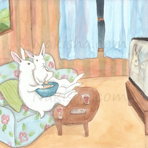Our TV Movie Night - Fine Art Print - Cute Rabbits Watching a Movie on Television, from Original Watercolor Painting, Movie Lover Art Gift