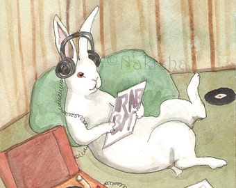 Vinyl - Archival Fine Art Rabbit Print, Cute Illustration of a Rabbit Listening on Headphones, Record Player, LP Records, Music Lover Gift