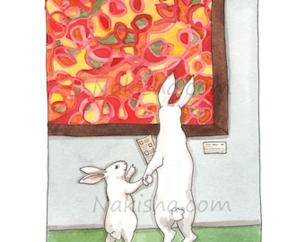At the Museum - Signed Fine Art Print from Original Hand Painted Watercolor Illustration, Cute Rabbit Lover Gift, Art Lover Print, Bunny Art
