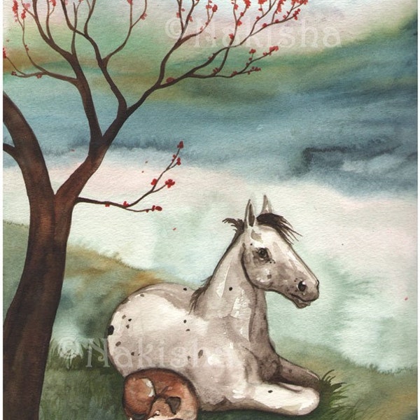SALE - Hound and Horse  - Original Watercolor Animal Painting