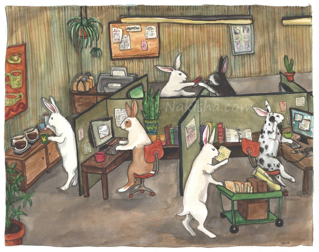 At the Office - Fine Art Print - Rabbit Art Illustration, Funny Office ...