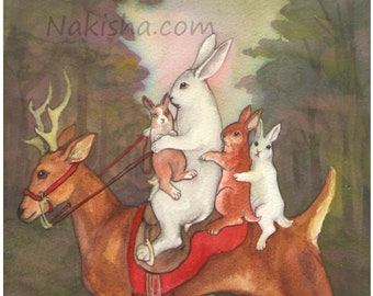 The Ride Home - Rabbit Art Print - Large Size- Cute Painting of Rabbits Ridding a Deer in the Twilight Woods, Artist Signed Archival Print