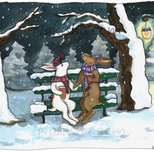 Night Snow -Signed Fine Art Print from Original Watercolor Painting, Rabbits at Night in Snow with Coffee, Cute, Romantic, Winter Art Gift