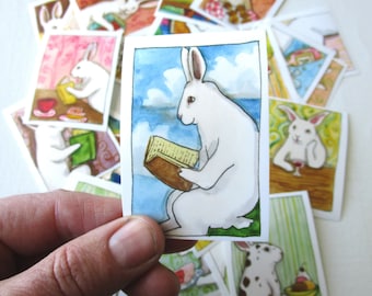 Colorful Bunny Sticker Sets - Assorted Cute Rabbit Art Stickers - Reading, Mail, Books, Cake, Wine, Coffee, Tea Stickers