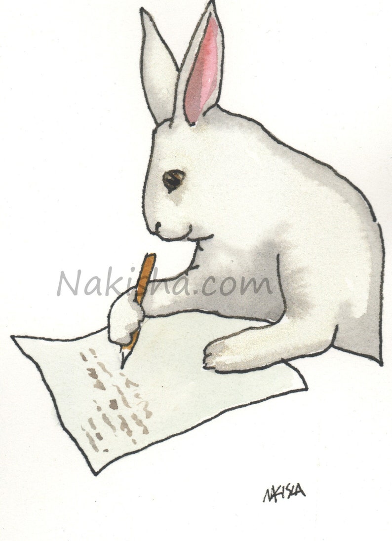 Rare Rabbit Image Writing Original Painting - Writing a Letter - Watercolor Animal Art, White ...