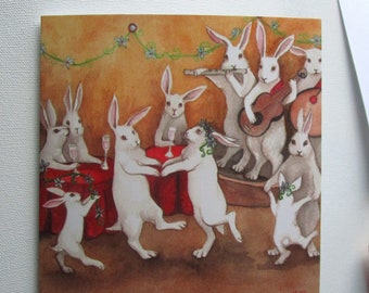 Dancing Rabbits Blank Greeting Card - New Years, Holiday, Birthday, Celebration Card
