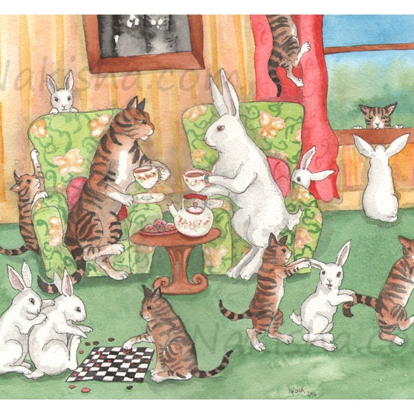 Tea with the Tabbies - Archival Fine Art Print, White Rabbits And Tabby Cats Playing, Cute Animal Wall Art from original Watercolor, Signed