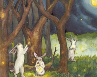 Fireflies -Large Size Archival Print Signed by Artist, White Bunnies in the Woods, Cute Wall Art of Rabbits, From Hand Painted Watercolor