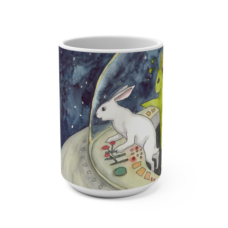 LWR and the Alien Mug - Large Ceramic 15oz Coffee Mug, Featuring a Watercolor of a Rabbit in a Space Ship with a Green Alien Bunny image 3