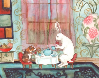 Tea with Guinea Pig - Fine Art Rabbit Print from Original Watercolor Art,  Cute Bunny and Guinea Pig Having Tea, Colorful, Signed Art Print