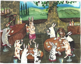 Wine tasting - Fine Art Print - Rabbit Art Illustration, Cute Bunnies at a Winery, Animal Art From Original Painting, Kitchen Humor, Fun Art