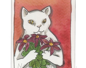 Cat with Armload Of Blooms - Original Watercolor Cat Painting - ACEO - Mini Painting, Cat Watercolor, Original Painting, Original Art