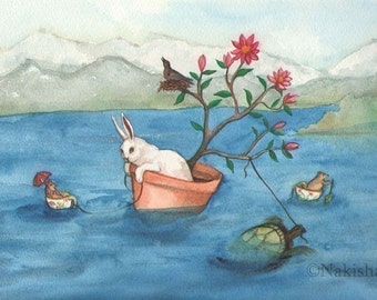 Fine Art Rabbit Print- Crossing the Lake - Large Size- Dream Like Painting of Bunny, Mice, Turtle, Whimsical Animal Art, Signed Print, Cute