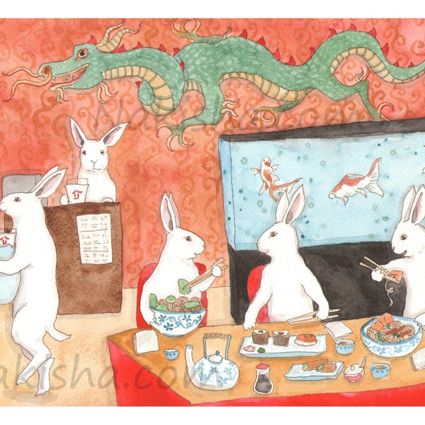 Impresión artística - Sushi y fideos - Lindos conejitos comiendo en un restaurante de sushi y fideos. Arte mural colorido basado en acuarela original.