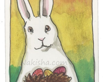 Nest of Easter Eggs - Original Watercolor Rabbit Painting - ACEO