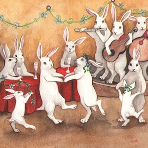 A cute watercolor painting of white rabbits dancing at a celebration or wedding, with bunnies playing music and drinking champagne, by artist Nakisha, a fine art print.