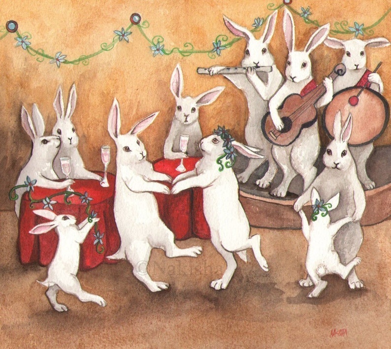 A cute watercolor painting of white rabbits dancing at a celebration or wedding, with bunnies playing music and drinking champagne, by artist Nakisha, a fine art print.
