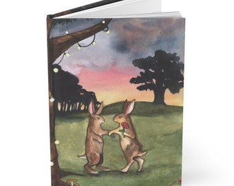 Anniversary Dinner Hardcover Journal with Bunnies  - Cute Blank Book with Original Watercolor Art, Rabbit Lover Gift, Lined Diary, Romantic