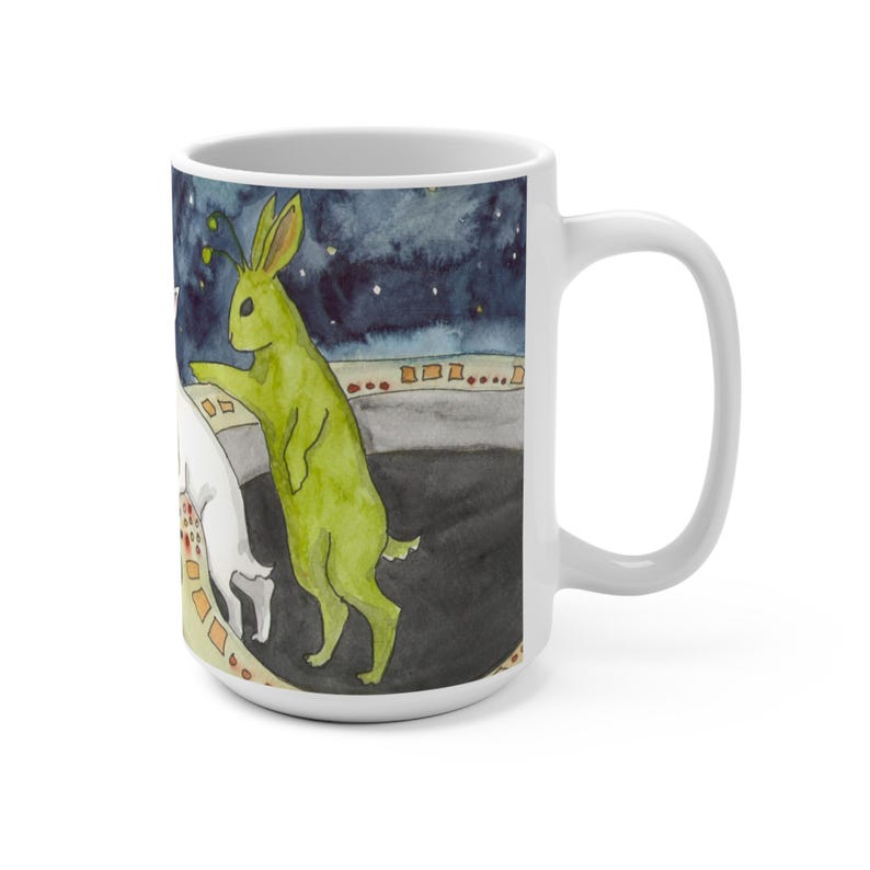 LWR and the Alien Mug - Large Ceramic 15oz Coffee Mug, Featuring a Watercolor of a Rabbit in a Space Ship with a Green Alien Bunny image 4