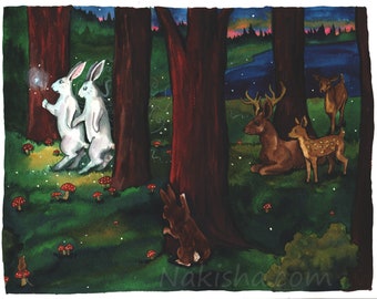 Fairy Tale - Fine Art Print - Rabbit Art Illustration, Color Animal Wall Art, Magical Forest with Deer, Bunnies, Mouse, Fireflies, Mushrooms