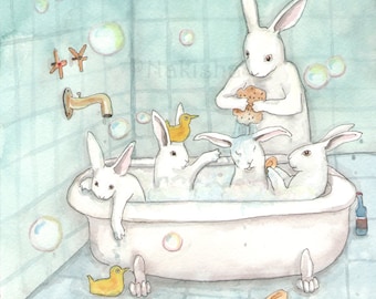 Bath Time - Fine Art Rabbit Print- Animal Wall Art, Cute Bathroom Painting, Rabbit Lovers, Four Bunnies in a Tub, Illustration by Nakisha