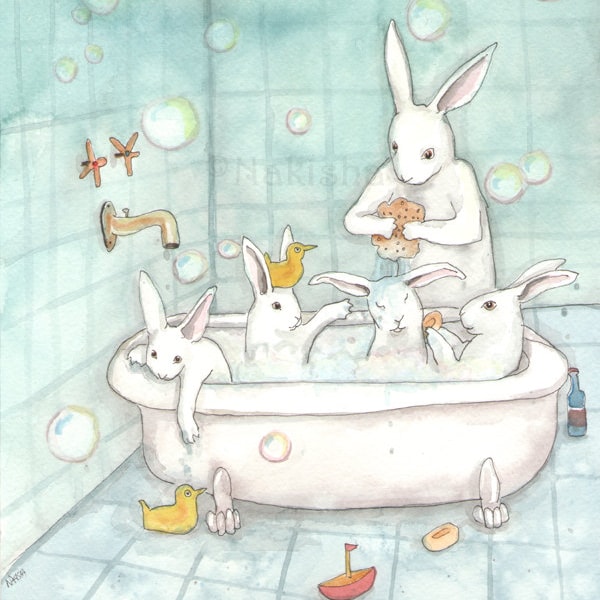 Bath Time - Fine Art Rabbit Print- Animal Wall Art, Cute Bathroom Painting, Rabbit Lovers, Four Bunnies in a Tub, Illustration by Nakisha