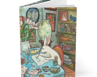 Bunny in the Studio - Hardcover Journal with Rabbit Art  - Cute Blank Book with Original Watercolor, Rabbit Lover, Artist Gift, Lined Diary